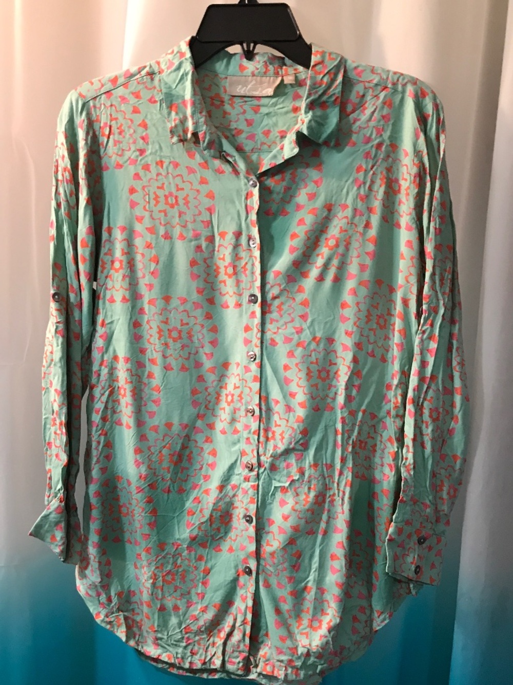 UTSA Mandela Pattern Turquoise Button Up Shirt w/ Roll Up Sleeves Sz MED